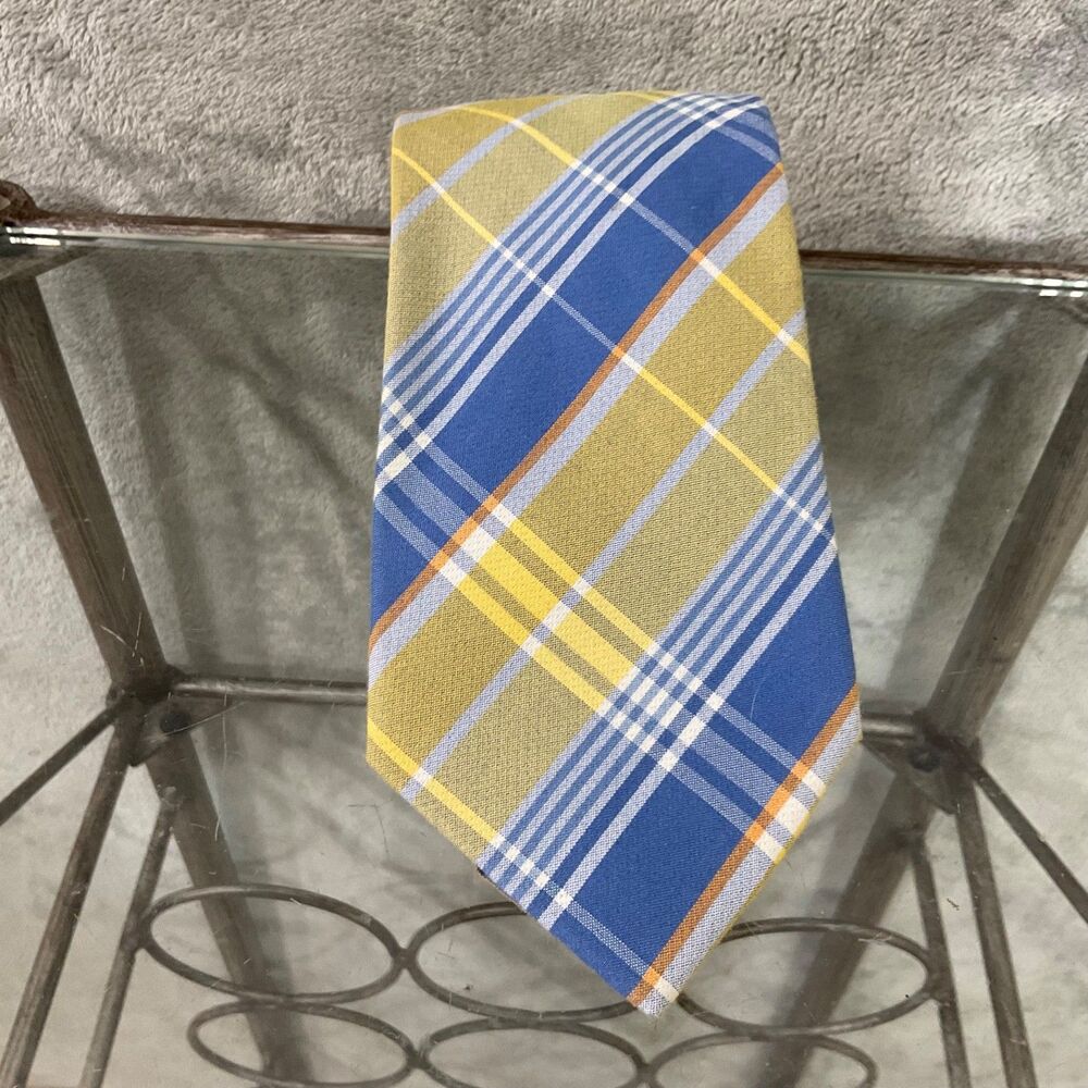 Cape Cod Neckwear Men’s Necktie plaid preppy 56” X 3.25” Silk blue/yellow